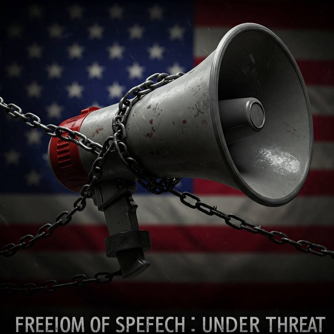 Digital artwork of a chained megaphone, representing censorship, with the phrase 'Freedom of Speech Under Threat' integrated
