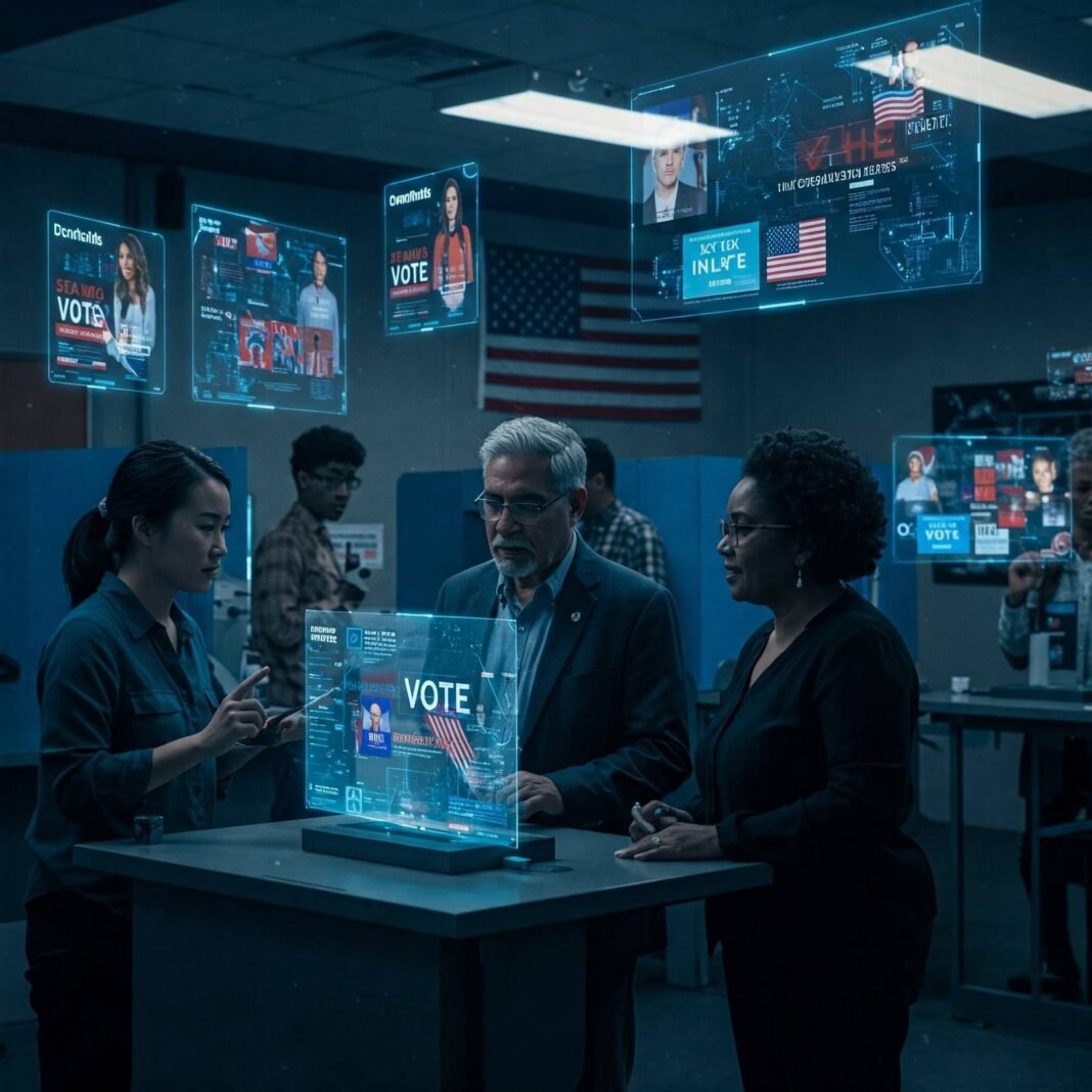 Futuristic polling station with diverse voters.
