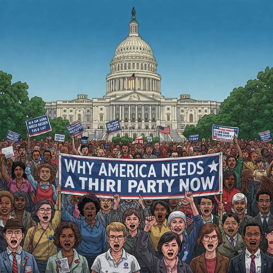 Diverse crowd rallying for a third political party in America, holding signs with democratic symbols.