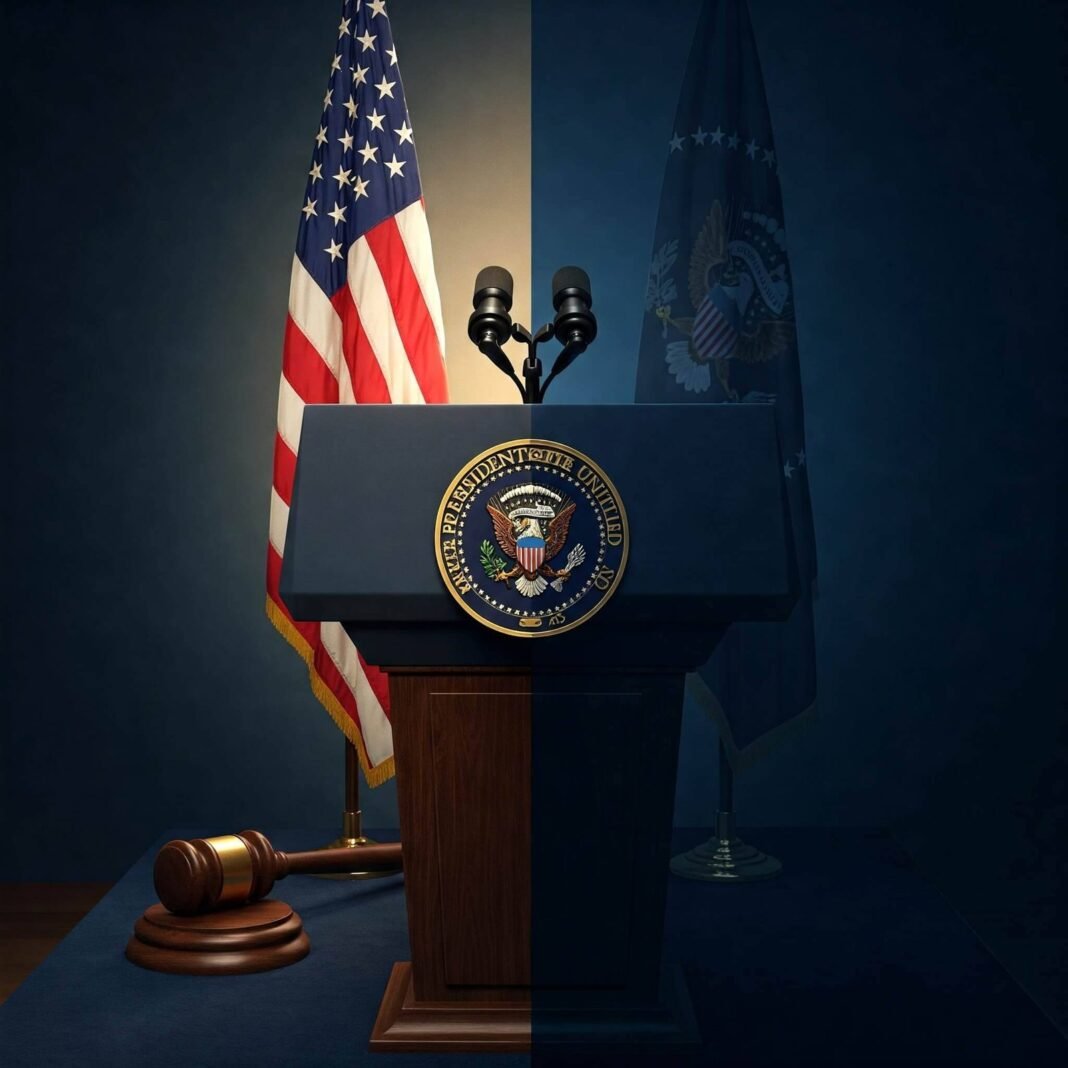 Presidential podium with split backdrop