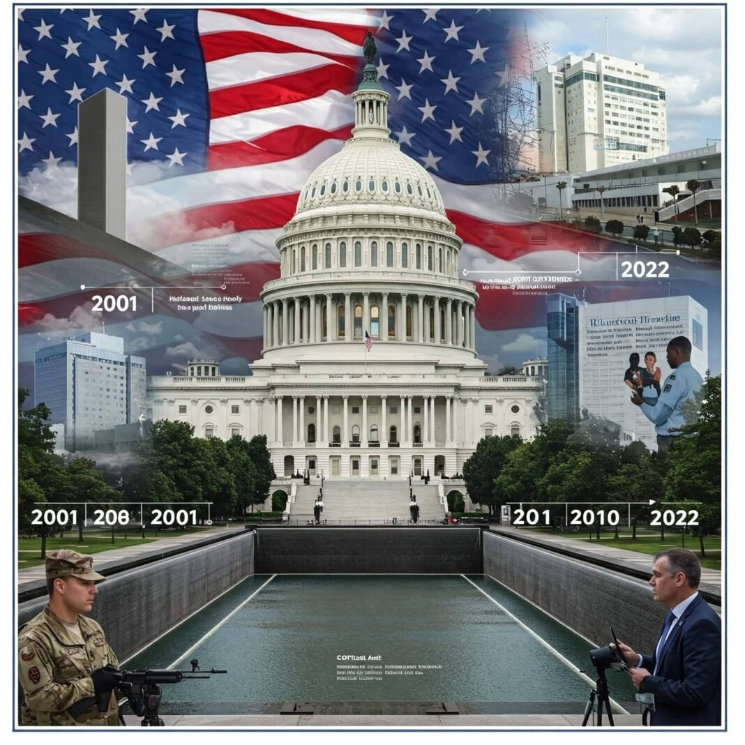 US Capitol composite with crisis symbols and timeline