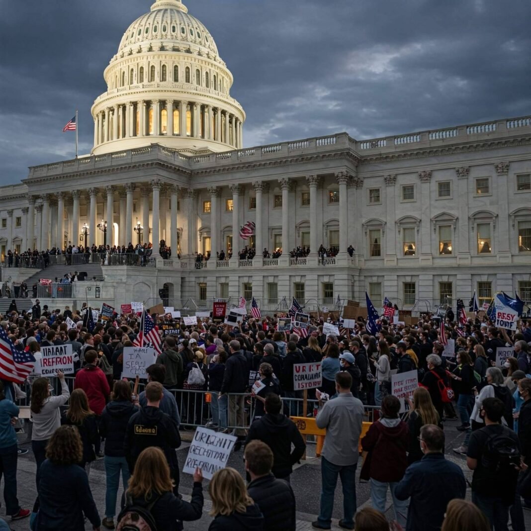 Divided Capitol Hill with protesting crowds.