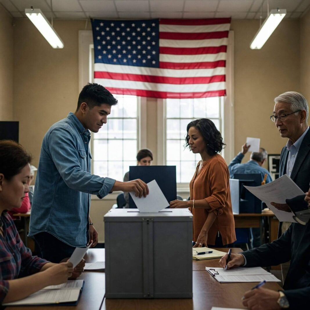 Diverse Americans voting at a polling station with flag.