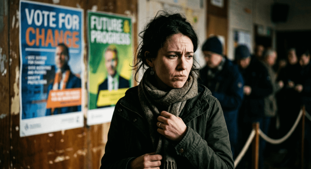 A conflicted woman stands between two blurred political posters.