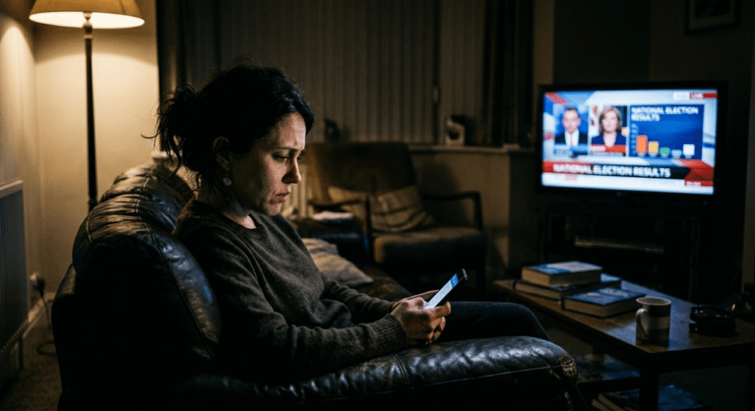 Tired person ignores election news on TV for their phone.